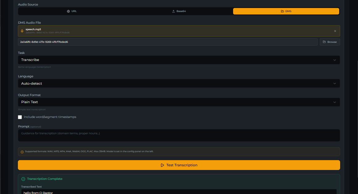 audio_transcribe tool — Test tab