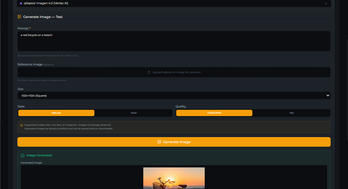 generate_image tool — Test tab showing the Model selector and a generated image