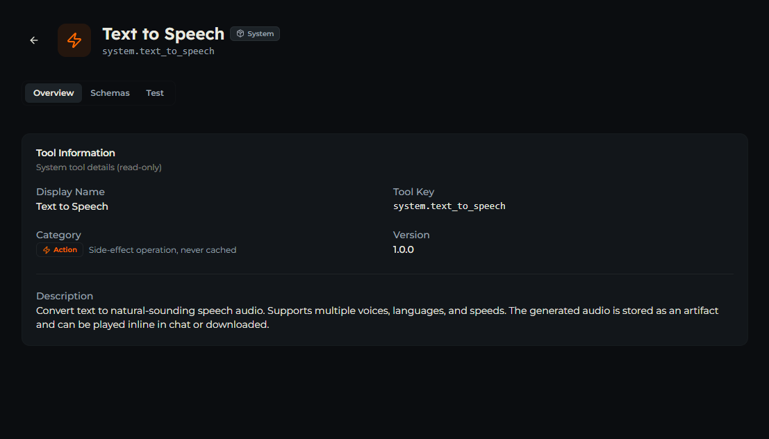 text_to_speech tool — Overview tab