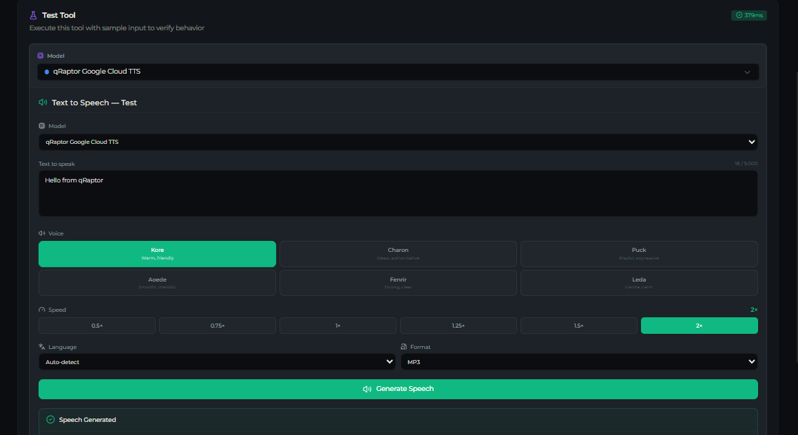 text_to_speech tool — Test tab