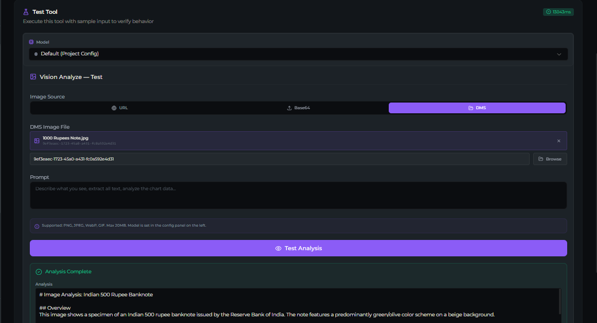 vision_analyze tool — Test tab