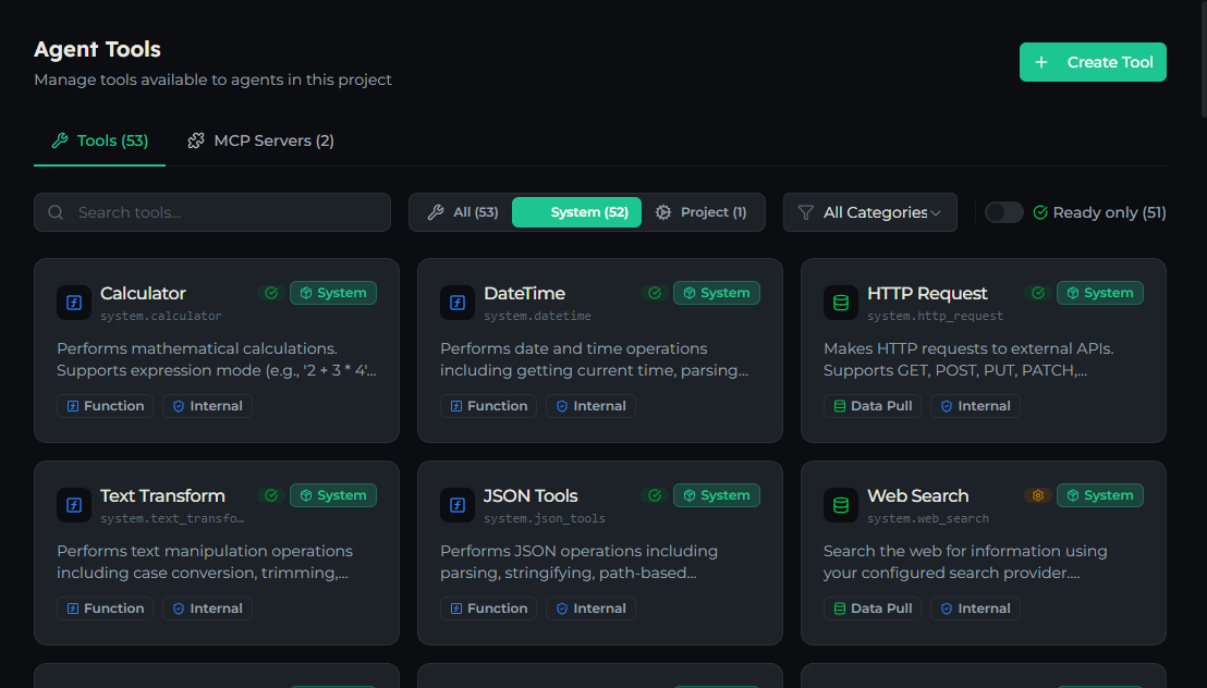 The Tools registry filtered to the System scope, showing built-in tool cards