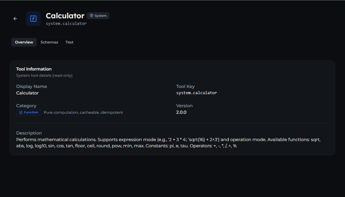 A System tool detail page on the Overview tab showing tool information