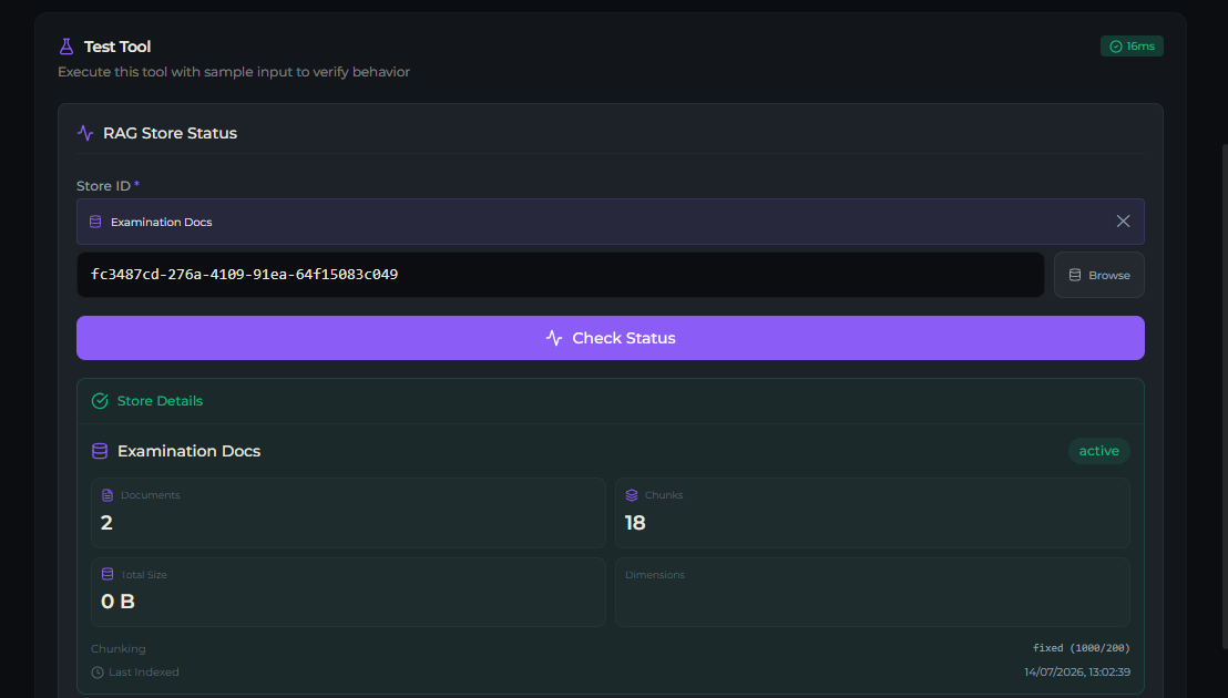 rag_get_store_status tool — Test tab