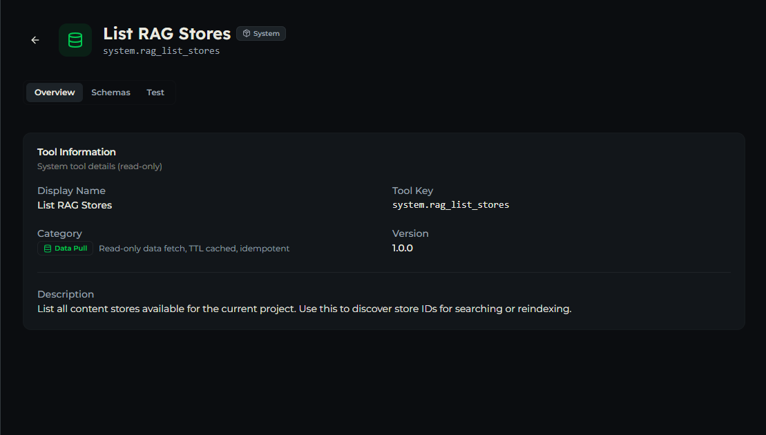 rag_list_stores tool — Overview tab