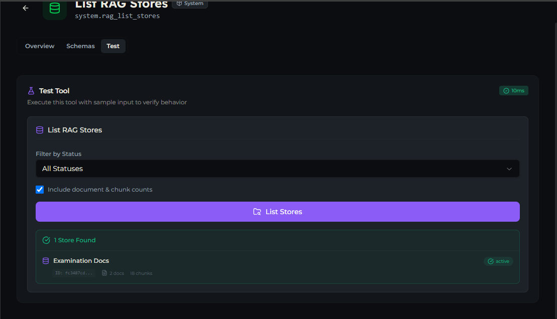 rag_list_stores tool — Test tab