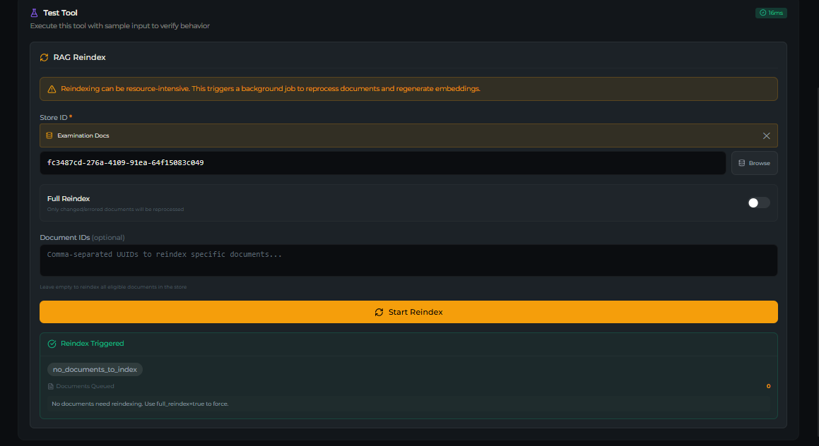 rag_reindex tool — Test tab