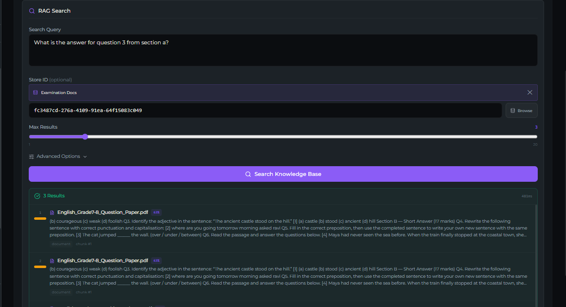rag_search tool — Test tab returning chunks