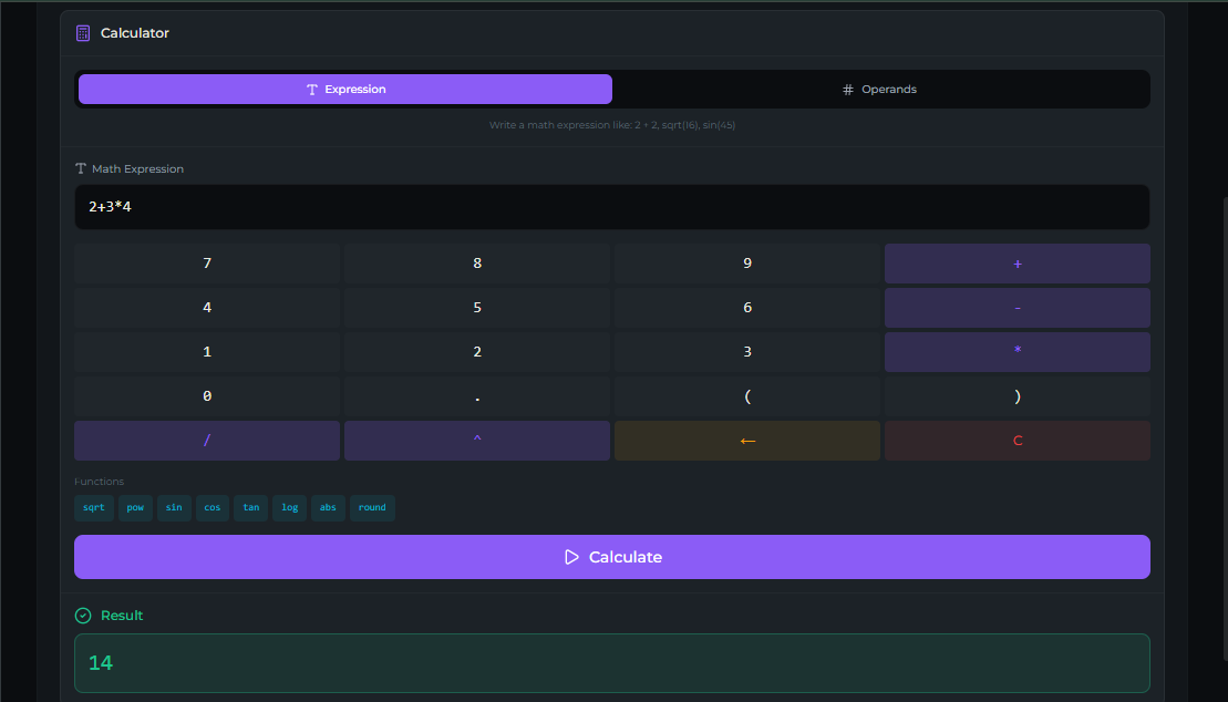 calculator tool — Test tab