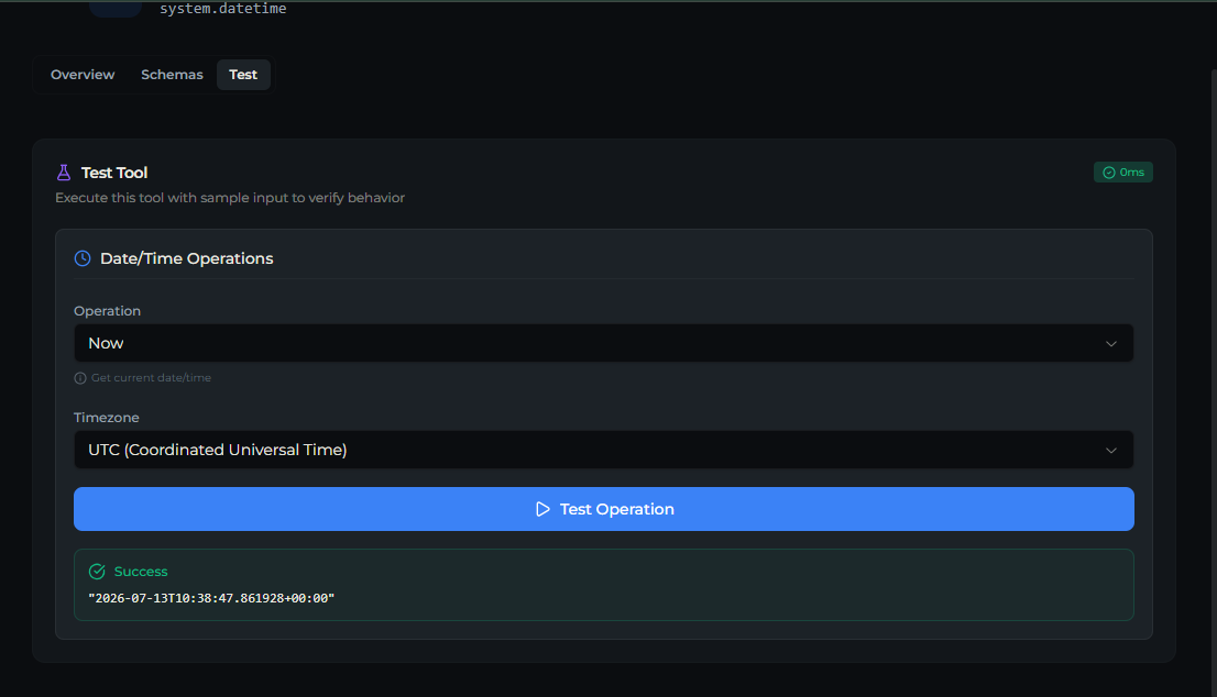 datetime tool — Test tab
