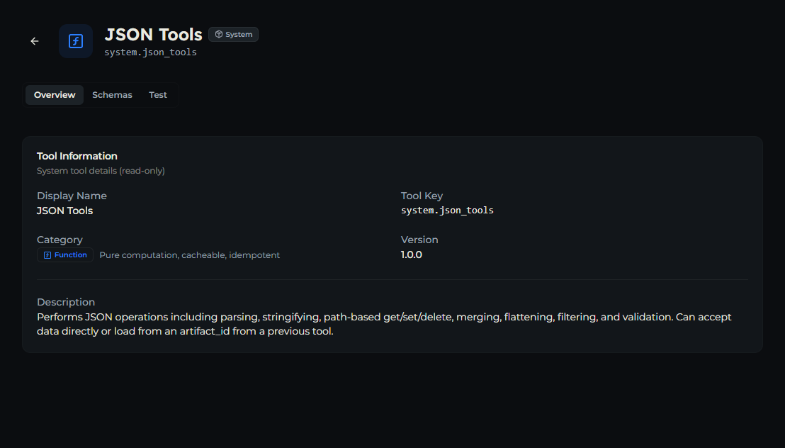 json_tools tool — Overview tab