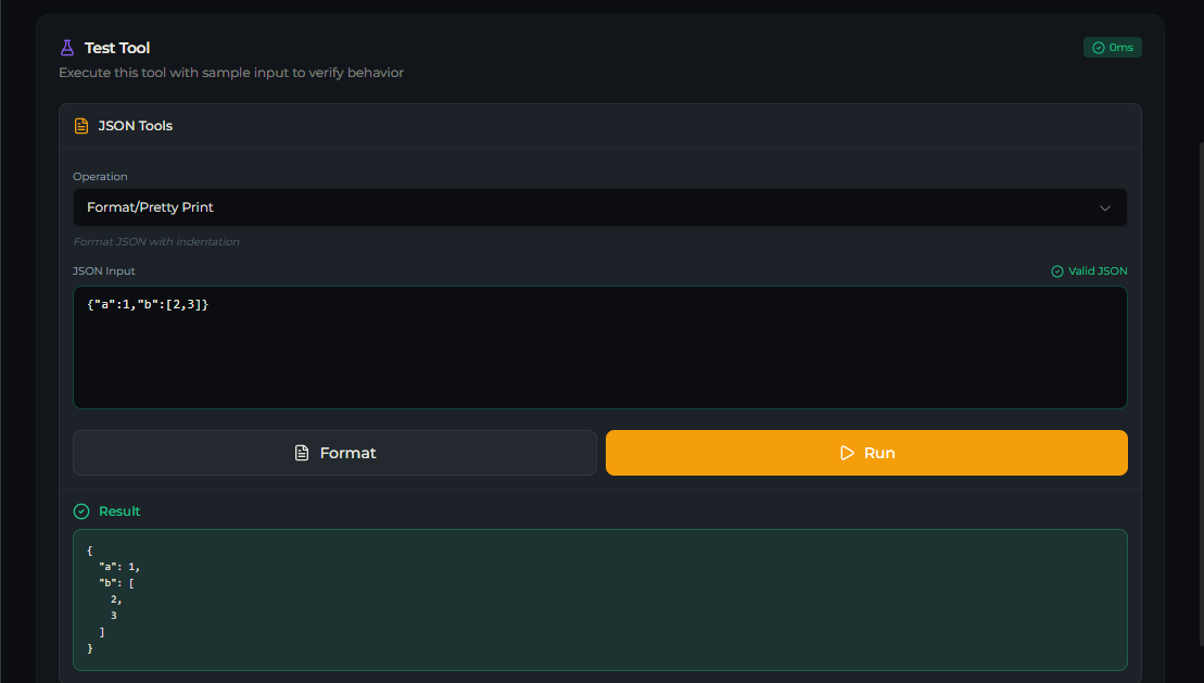 json_tools tool — Test tab