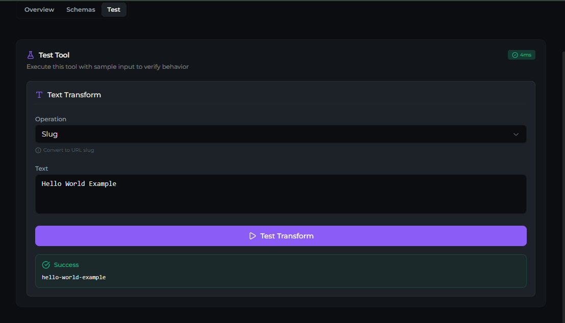 text_transform tool — Test tab