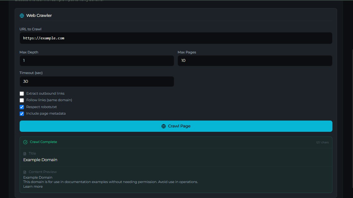 web_crawler tool — Test tab