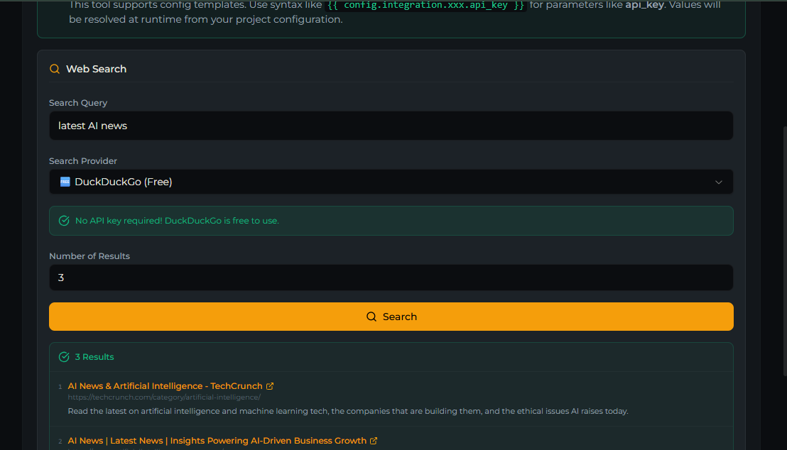 web_search tool — Test tab returning results via DuckDuckGo