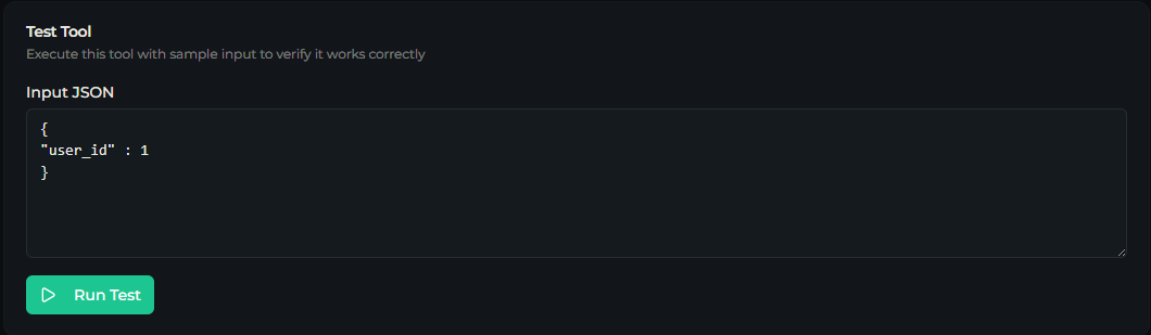 The tool Test tab with the Input JSON box