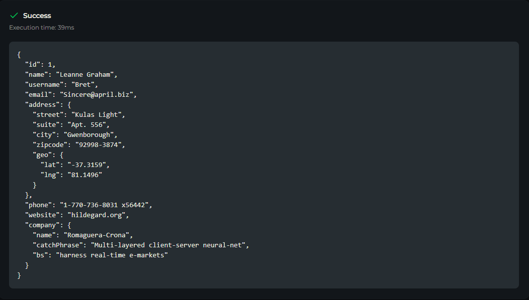 The Test tab showing a successful result with output and execution time
