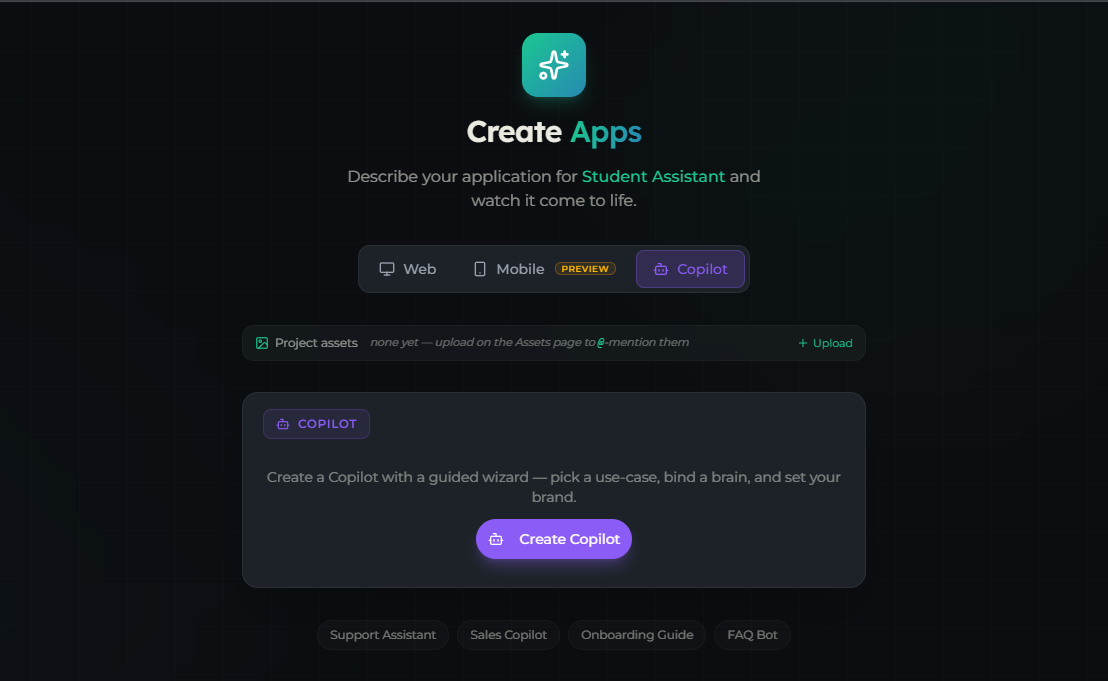 Apps landing page with the platform selector set to Copilot
