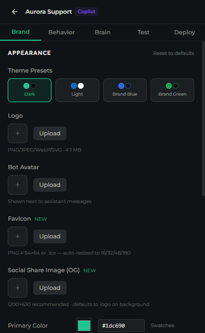 Copilot Studio open on the Brand tab right after creation