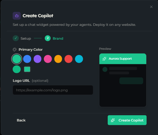 Brand step of the Create Copilot wizard showing color swatches, a logo URL, and the live preview