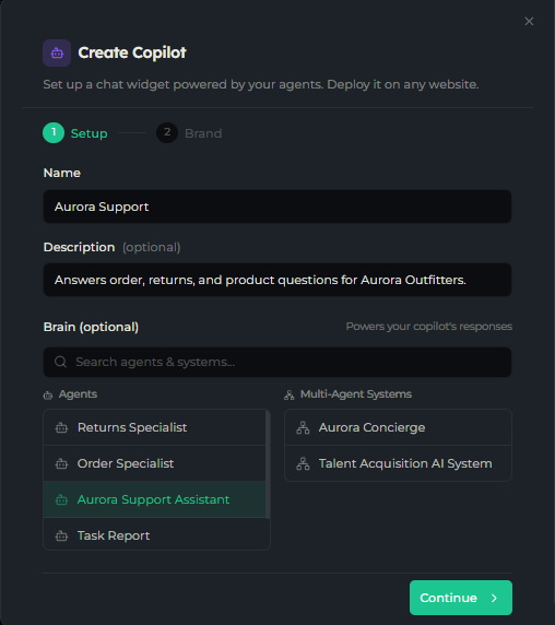 Setup step of the Create Copilot wizard with a name entered and an agent selected as the brain