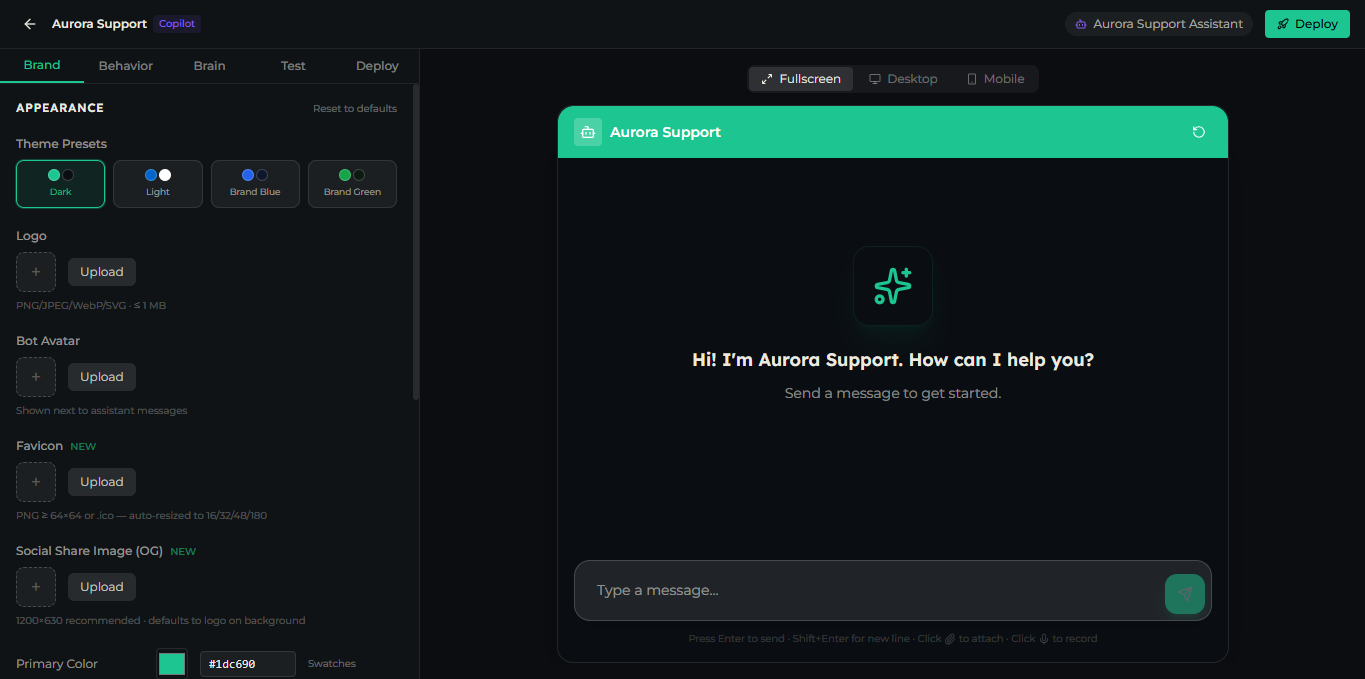 Copilot Studio showing the configuration tabs on the left and the live widget preview on the right