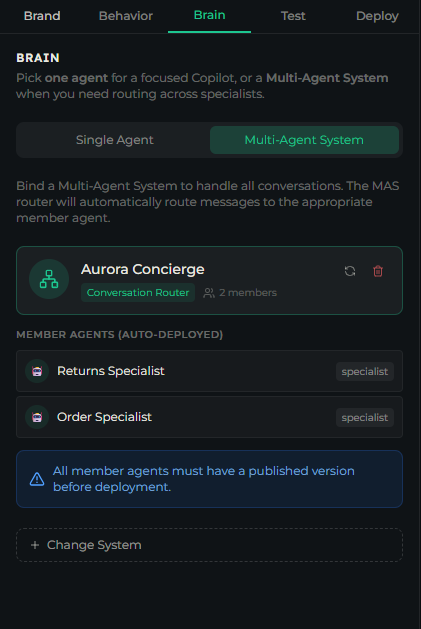 Brain tab in Multi-Agent System mode showing a bound system, its pattern, and member agents
