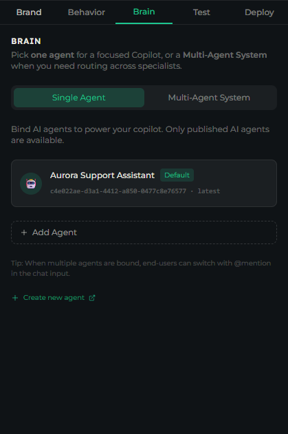 Brain tab in Single Agent mode with one bound agent marked Default