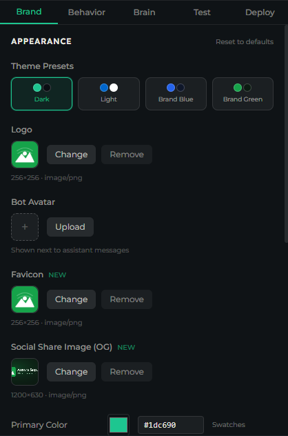 Brand tab showing theme presets, asset uploads, colors, and text fields