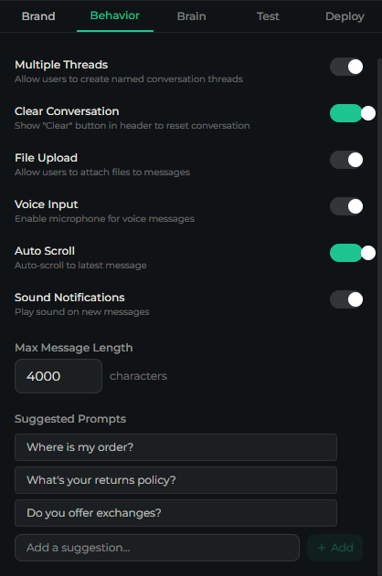 Behavior tab showing toggles, max message length, and suggested prompts