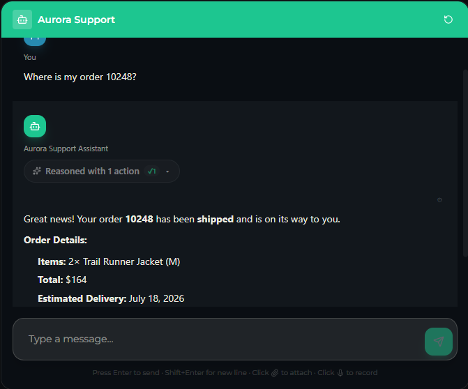 Live preview with a real conversation — the Copilot answers an order-status question