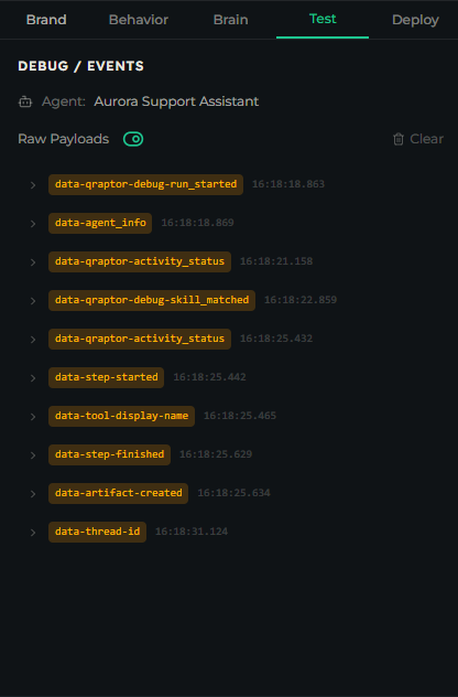 Test tab showing the bound agent, thread id, latency metrics, and a color-coded event stream