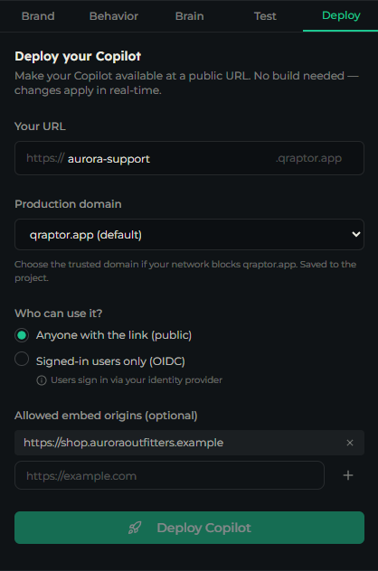 Deploy tab form with the URL, production domain, access mode, and allowed origins