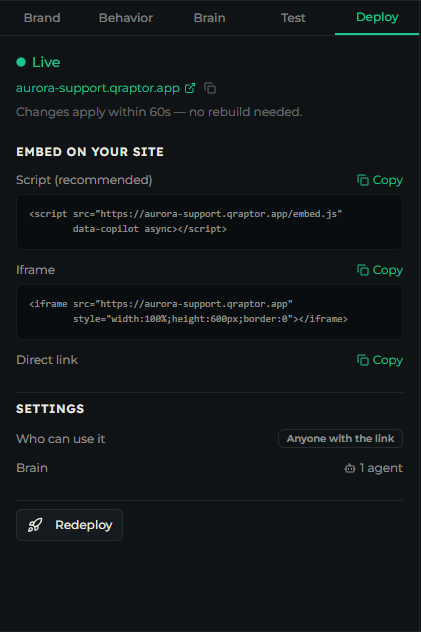 Deploy tab in the live state showing the URL, embed snippets, settings, and Redeploy