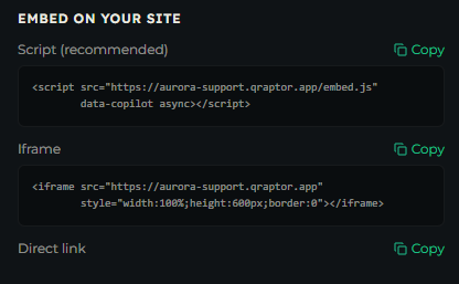 Embed on your site section showing the script, iframe, and direct-link options