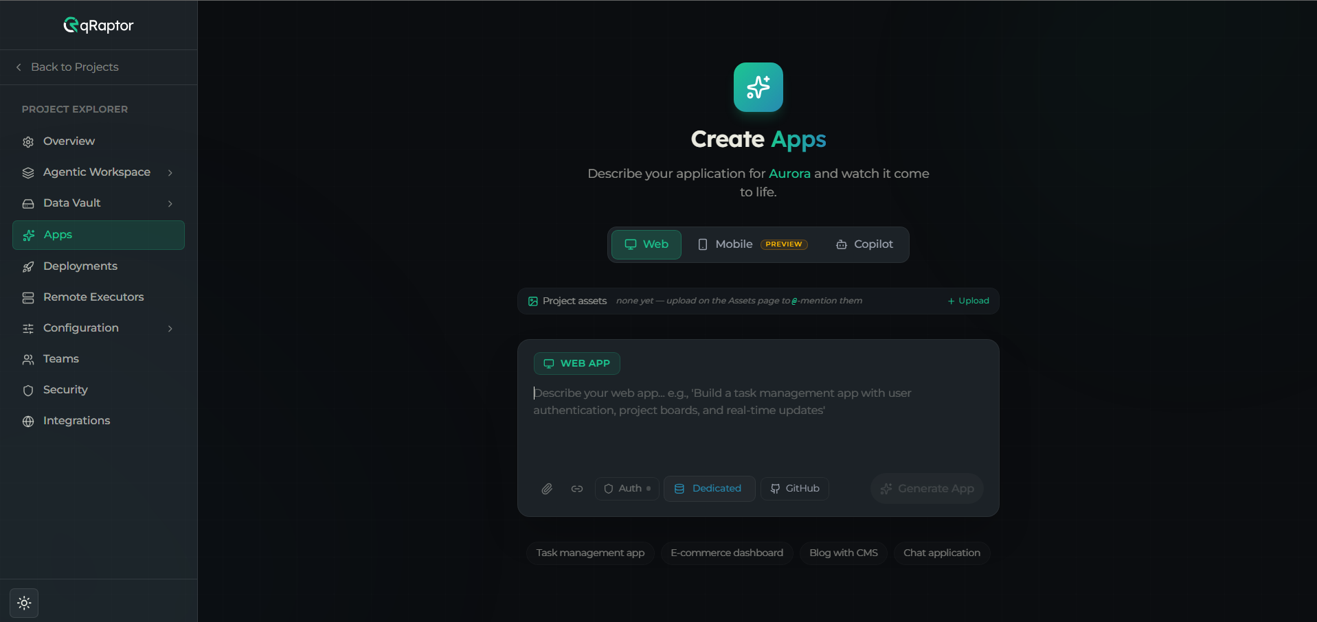 Create Apps landing page with the platform selector and prompt composer