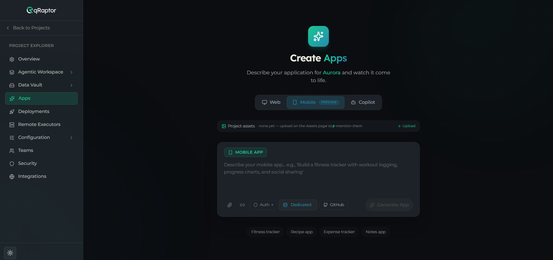 Platform selector showing Web, Mobile (Preview), and Copilot cards