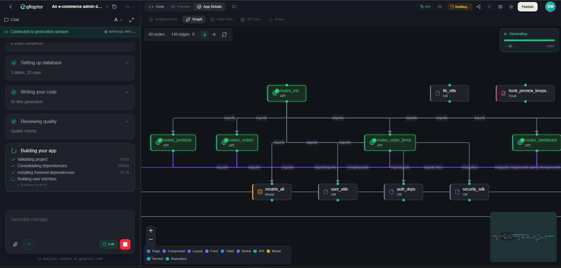 App Graph canvas showing UI, Backend, and Shared nodes