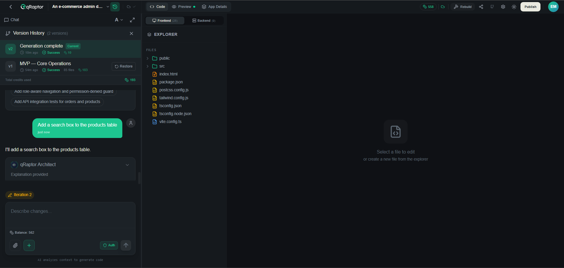 Chat panel with Describe changes input and Version History showing versions and credit usage