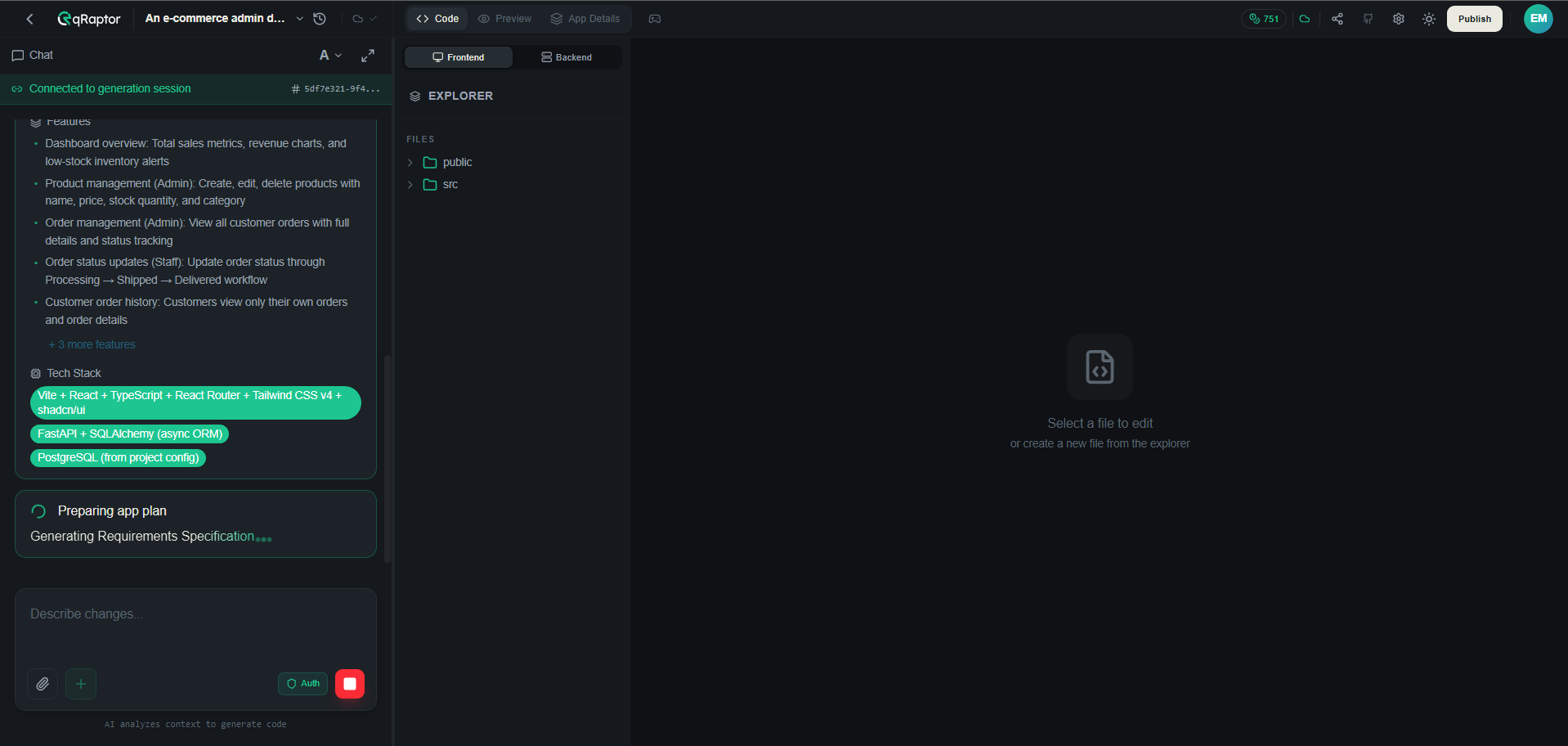 Workspace showing an in-progress generation phase label