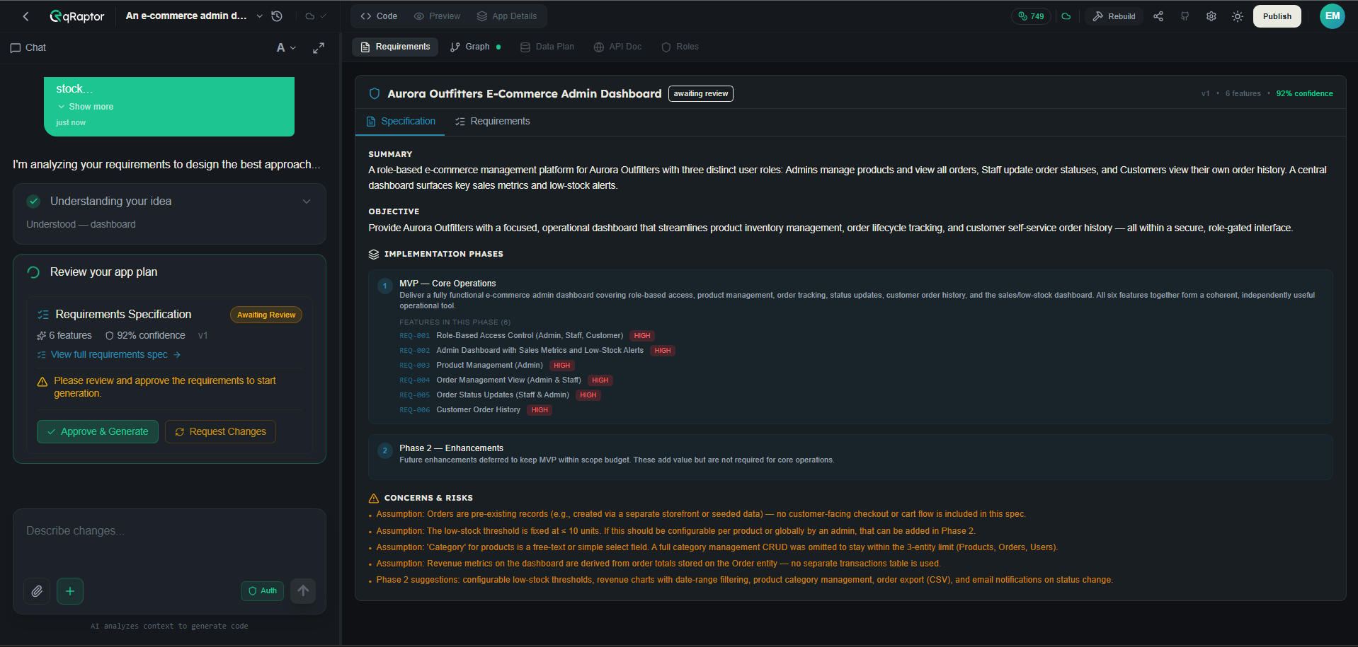 Requirements Specification screen with clarifying questions and Approve & Generate button