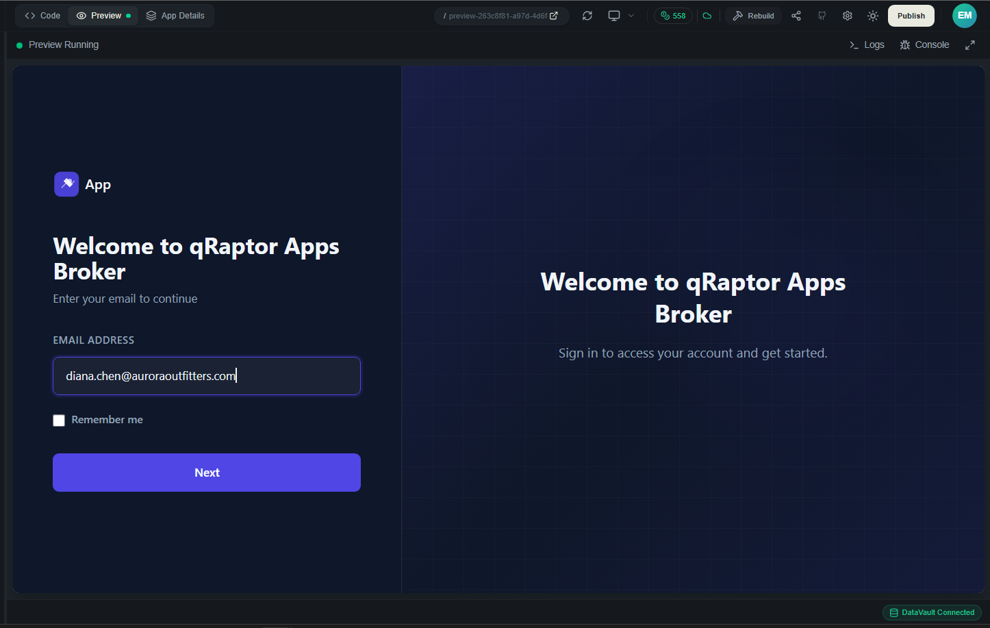 Preview login screen alongside the Roles tab's Test Credentials for a role