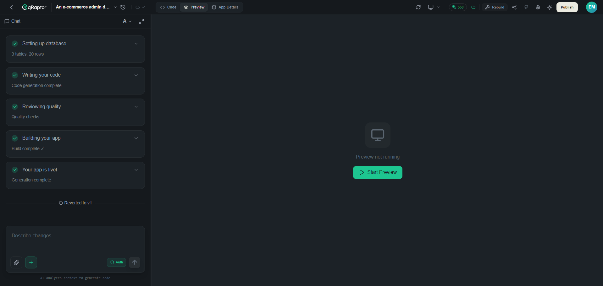 Preview tab showing the generated app running live