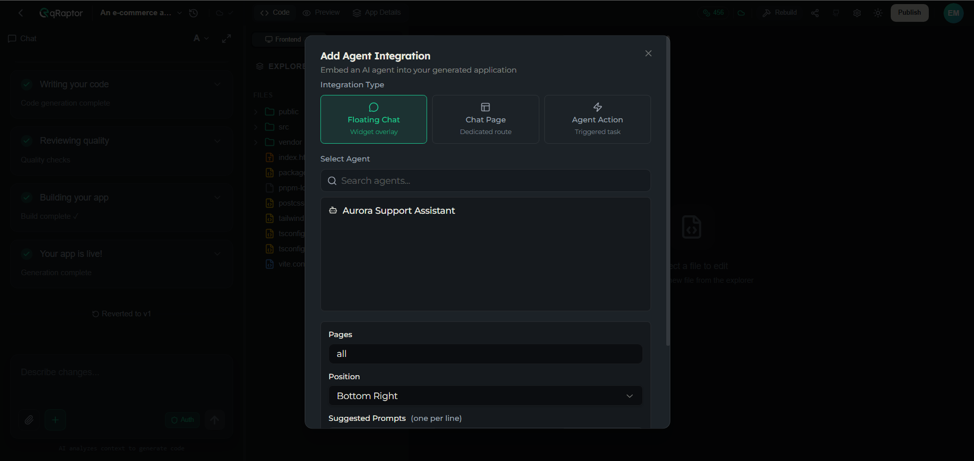 Add Agent Integration dialog showing the Floating Chat, Chat Page, and Agent Action type cards