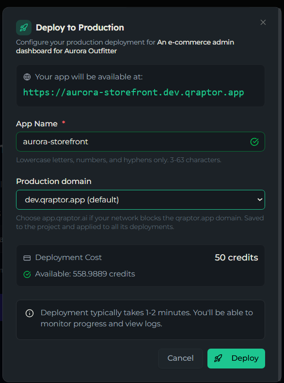 Deploy to Production dialog configure step with App Name, domain selector, and credit cost