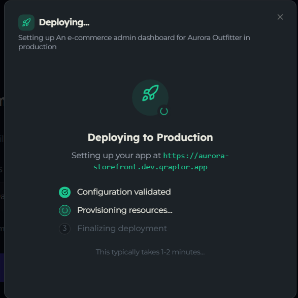 Deploying step showing the configuration, provisioning, and finalizing checklist