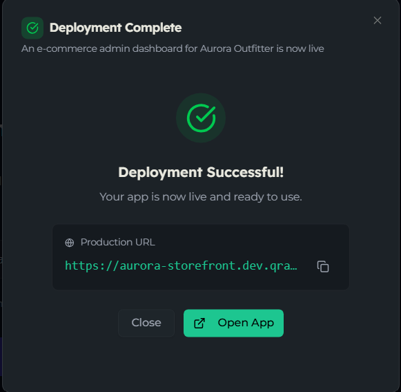 Deploy success step showing the production URL, copy button, and Open App button