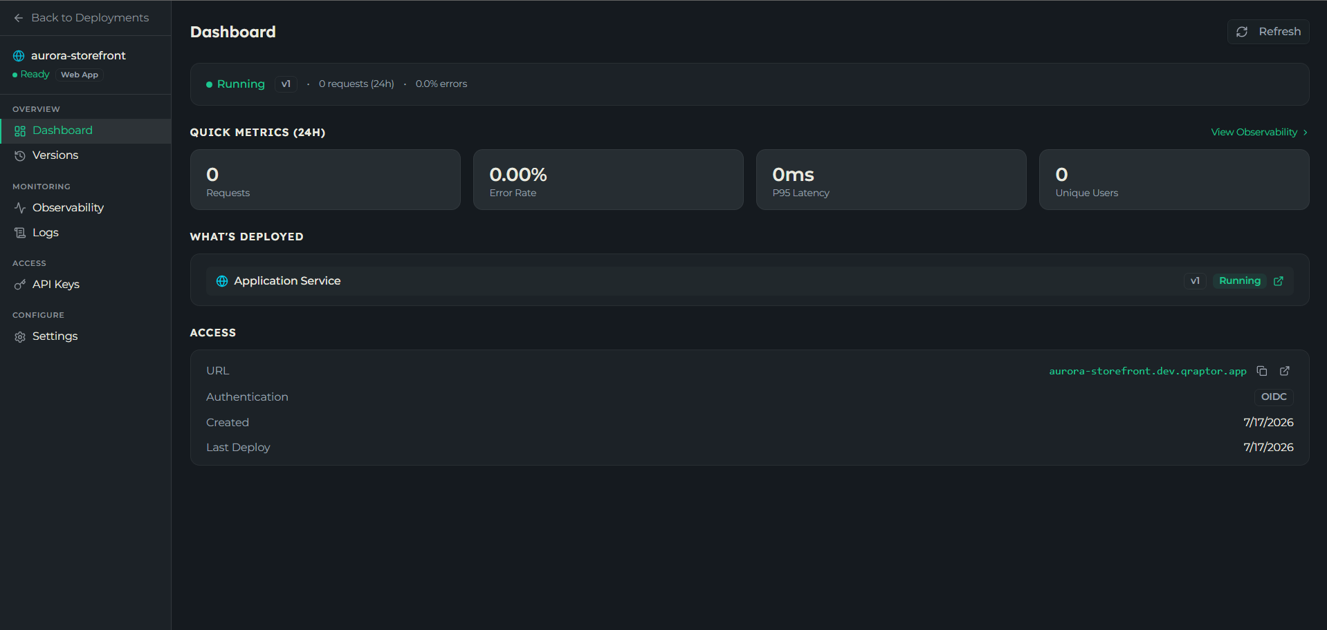 Deployment detail view with sidebar sections: Overview, Monitoring, Runtime, Access, Configure