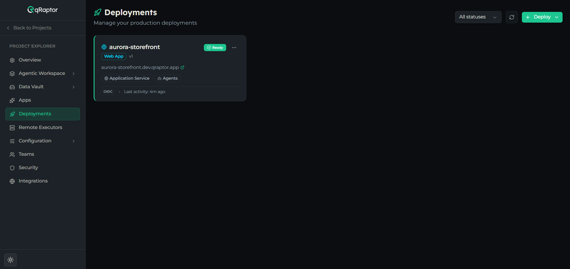 Deployments list showing status badges and deployment type badges