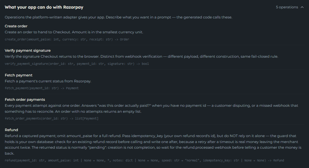 The expanded What your app can do with Razorpay panel listing five operations with their descriptions and signatures
